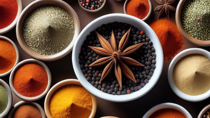 verschiedene Gewürze angerichtet in Schüsseln