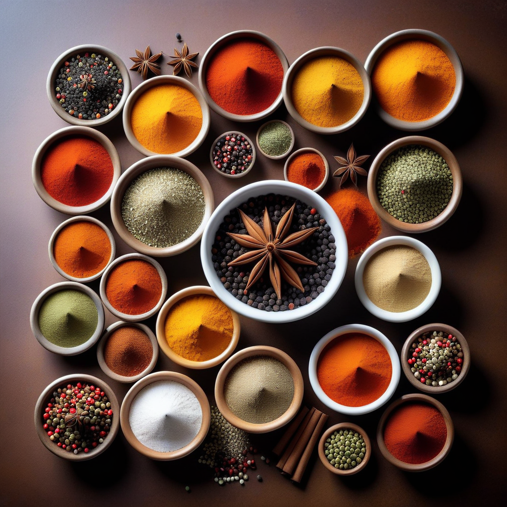 verschiedene Gewürze angerichtet in Schüsseln